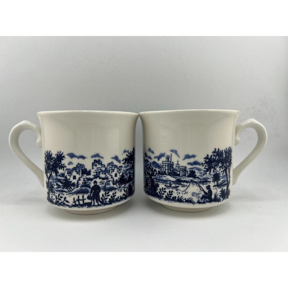 Vintage Blue & White Cottage Glossy Bone China Pastoral Chinoiserie Coffee Cups
